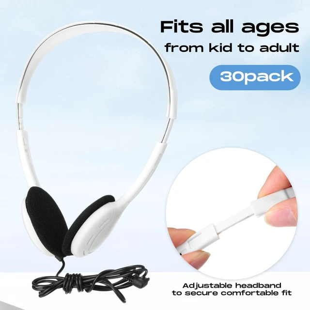 Alt view image 2 of 5 - 30 Pack Over Ear Headphones Corded Bulk Set 3.5mm,White On Ear Headsets Adjustable Earphones with Cord for Library Computer Lab Online Lesson Group Testing