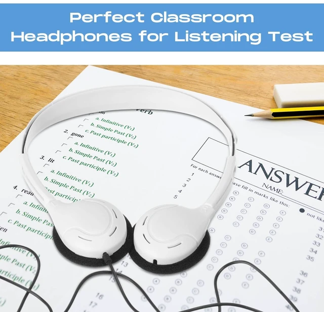 Alt view image 4 of 5 - 30 Pack Over Ear Headphones Corded Bulk Set 3.5mm,White On Ear Headsets Adjustable Earphones with Cord for Library Computer Lab Online Lesson Group Testing
