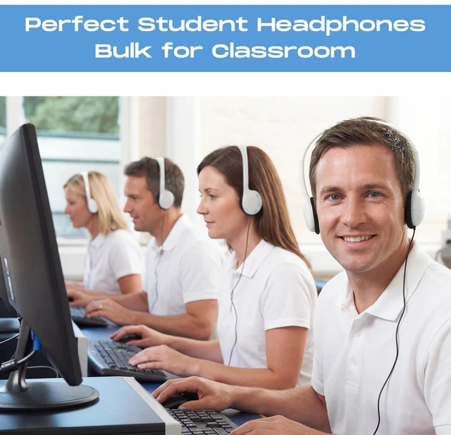 Alt view image 5 of 5 - 30 Pack Over Ear Headphones Corded Bulk Set 3.5mm,White On Ear Headsets Adjustable Earphones with Cord for Library Computer Lab Online Lesson Group Testing
