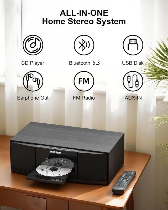 Alt view image 2 of 7 - Bluetooth CD Player for Home Stereo System with FM Radio, Remote Control 36W RMS Clear Stereo Sound, USB/AUX Input, Retro Wooden Design, Ideal Gift for Seniors & Music Lovers (No Clock or Alarm)