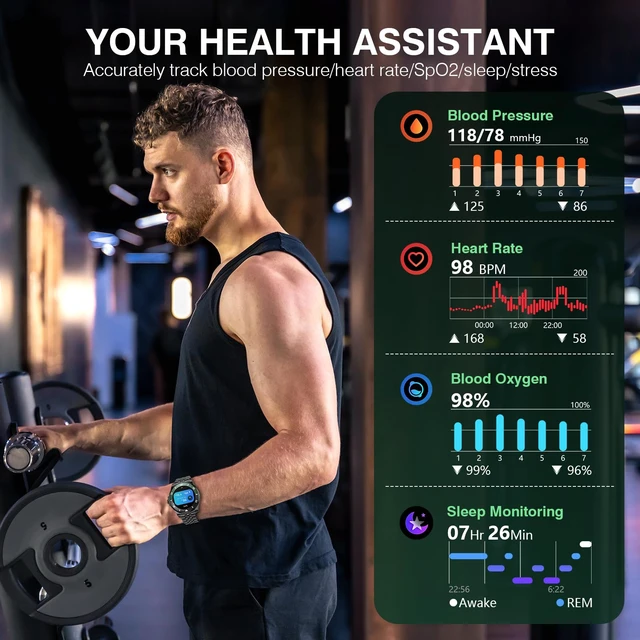 Alt view image 3 of 7 - Smart Watch for Men, Answer/Make Call, Fitness Tracker, Waterproof, 44mm 1.19" AMOLED Display, 24/7 Heart Rate/Blood Oxygen/Blood Pressure/Sleep Monitor, 107 Sports Modes, Compatible Android iPhone