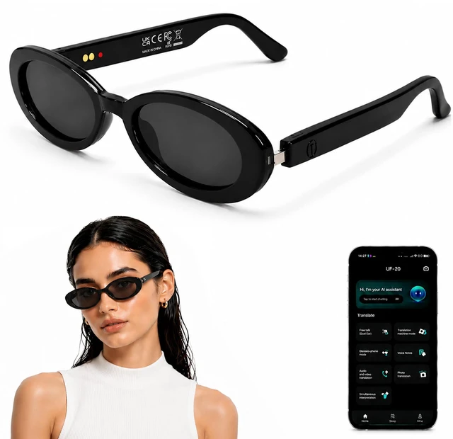 Main image of AI Smart Glasses, Fashion Bluetooth Sunglasses Cat Eye Frame Thin Temples Black Style Bluetooth Glasses with AI Translation, Free App, Polarized Lenses & Open-Ear Audio for Meetings, Driving & Work