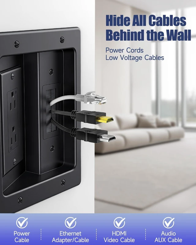 Alt view image 4 of 7 - in Wall Cable Management Kit, Wall Cable Concealer Kit for TV, Recessed Outlet for Low Voltage Cables, Cord Hider Fits All Plugs for Wall Mounted TV & Cable Pass Through, Black