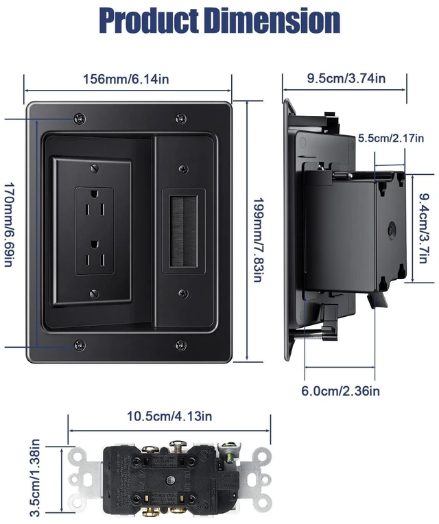 Alt view image 5 of 7 - in Wall Cable Management Kit, Wall Cable Concealer Kit for TV, Recessed Outlet for Low Voltage Cables, Cord Hider Fits All Plugs for Wall Mounted TV & Cable Pass Through, Black