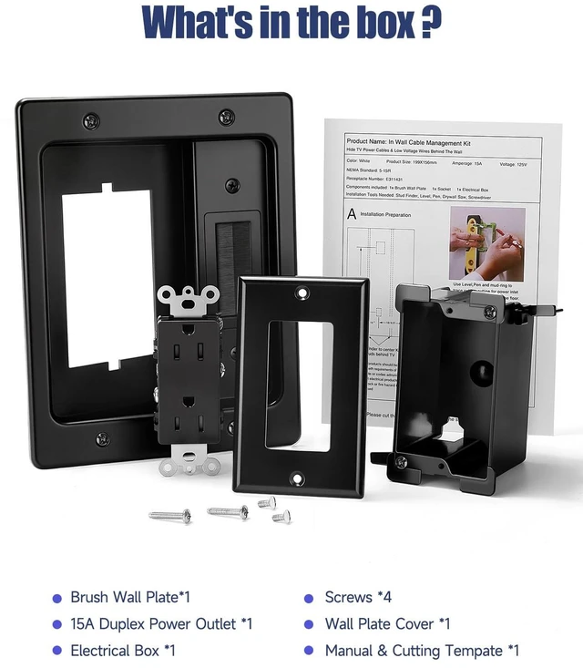 Alt view image 7 of 7 - in Wall Cable Management Kit, Wall Cable Concealer Kit for TV, Recessed Outlet for Low Voltage Cables, Cord Hider Fits All Plugs for Wall Mounted TV & Cable Pass Through, Black