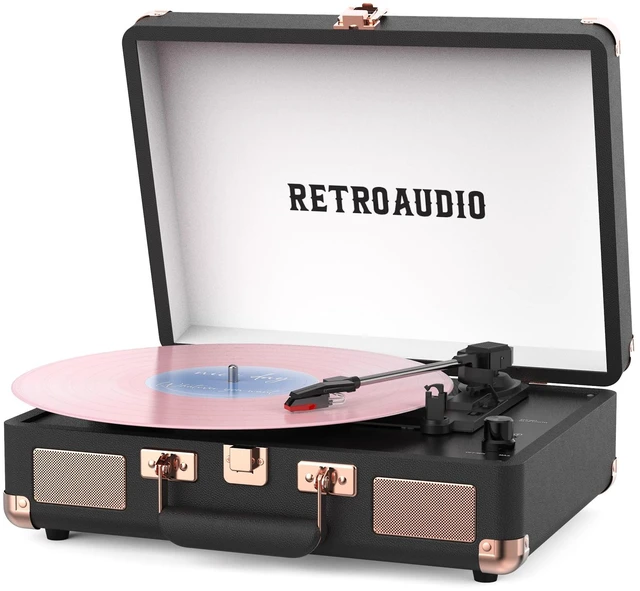 Main image of Vinyl Record Player 3 Speed Bluetooth Portable Suitcase Belt-Driven Record Player with 2 Built-in Stereo Speakers Vinyl Vintage Turntable Records Player with RCA Line Out AUX Out (Black&Rose Gold)