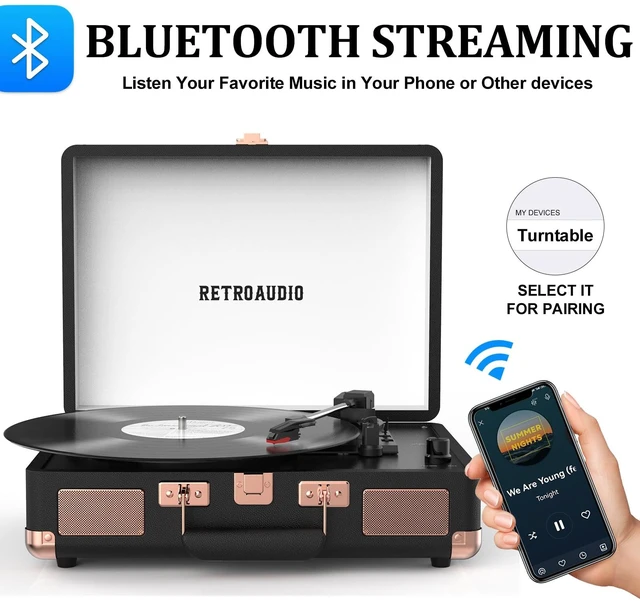 Alt view image 2 of 7 - Vinyl Record Player 3 Speed Bluetooth Portable Suitcase Belt-Driven Record Player with 2 Built-in Stereo Speakers Vinyl Vintage Turntable Records Player with RCA Line Out AUX Out (Black&Rose Gold)