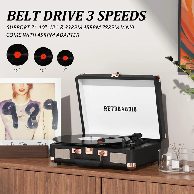 Alt view image 4 of 7 - Vinyl Record Player 3 Speed Bluetooth Portable Suitcase Belt-Driven Record Player with 2 Built-in Stereo Speakers Vinyl Vintage Turntable Records Player with RCA Line Out AUX Out (Black&Rose Gold)