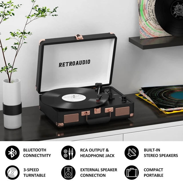 Alt view image 3 of 7 - Vinyl Record Player 3 Speed Bluetooth Portable Suitcase Belt-Driven Record Player with 2 Built-in Stereo Speakers Vinyl Vintage Turntable Records Player with RCA Line Out AUX Out (Black&Rose Gold)
