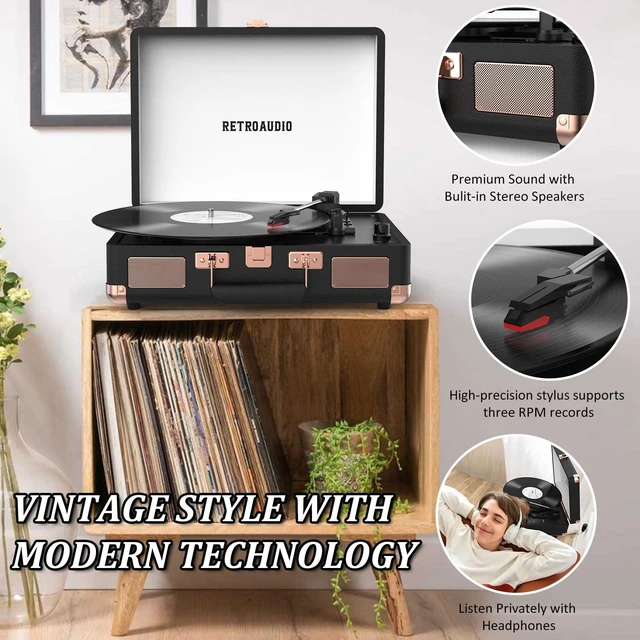 Alt view image 5 of 7 - Vinyl Record Player 3 Speed Bluetooth Portable Suitcase Belt-Driven Record Player with 2 Built-in Stereo Speakers Vinyl Vintage Turntable Records Player with RCA Line Out AUX Out (Black&Rose Gold)
