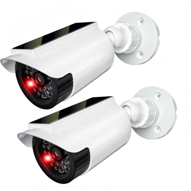 Main image of Solar Powered Fake Camera with Red Light, 2 Pack, White (SOLTC-W2) Dummy Cameras for Outside, Wireless Simulated Cam, Realistic Look, Solar Panel, Weatherproof