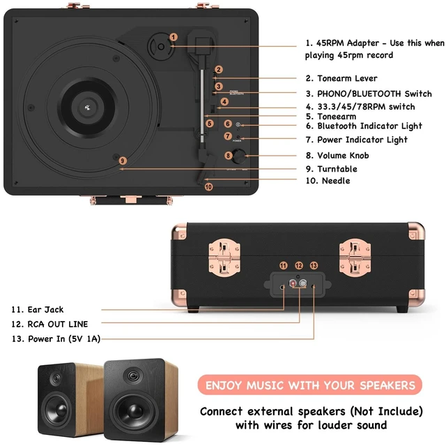 Alt view image 7 of 7 - Vinyl Record Player 3 Speed Bluetooth Portable Suitcase Belt-Driven Record Player with 2 Built-in Stereo Speakers Vinyl Vintage Turntable Records Player with RCA Line Out AUX Out (Black&Rose Gold)