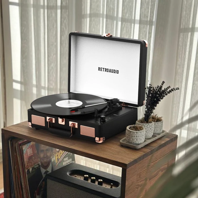 Alt view image 6 of 7 - Vinyl Record Player 3 Speed Bluetooth Portable Suitcase Belt-Driven Record Player with 2 Built-in Stereo Speakers Vinyl Vintage Turntable Records Player with RCA Line Out AUX Out (Black&Rose Gold)