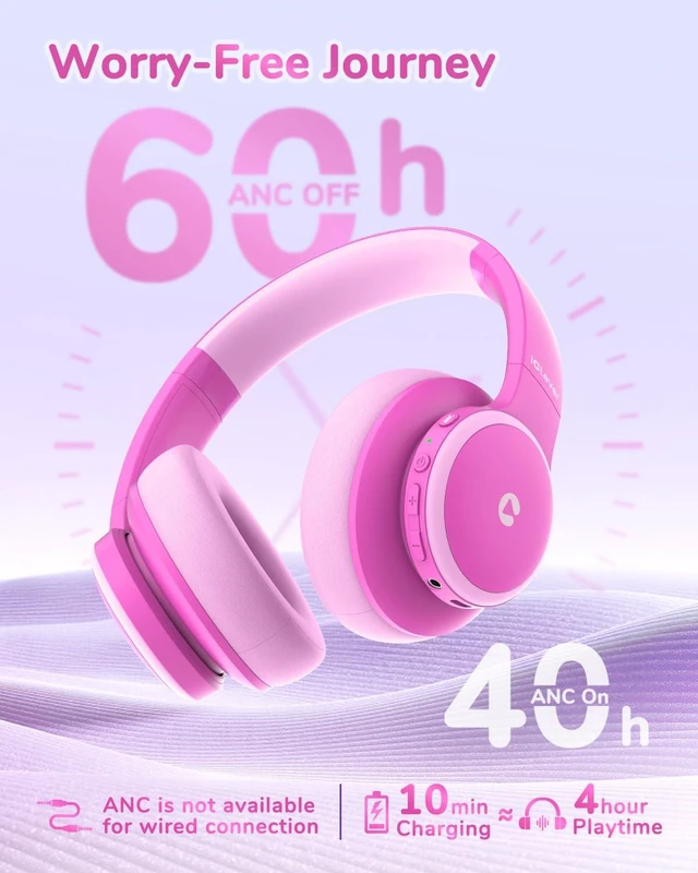 Alt view image 3 of 7 - BTH26 Active Noise Cancelling Headphones for Kids, 60H Playtime SafeSound Tech 3.1, USB C Fast Charging, Bluetooth5.4, Kids Bluetooth Headphones, with Mic AUX Cord for iPad Airplane, Pink