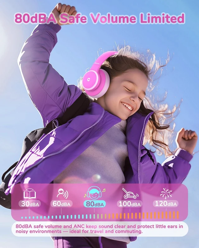 Alt view image 4 of 7 - BTH26 Active Noise Cancelling Headphones for Kids, 60H Playtime SafeSound Tech 3.1, USB C Fast Charging, Bluetooth5.4, Kids Bluetooth Headphones, with Mic AUX Cord for iPad Airplane, Pink
