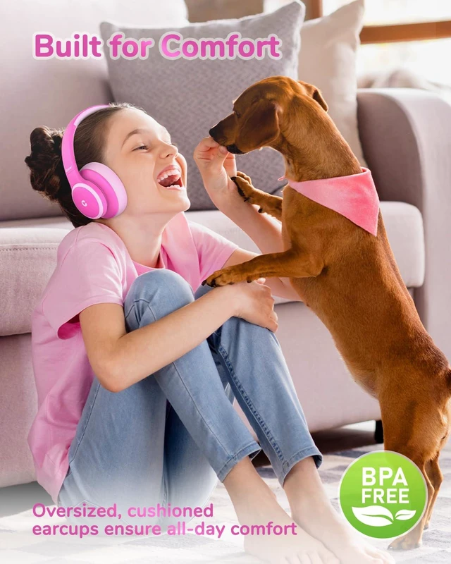 Alt view image 7 of 7 - BTH26 Active Noise Cancelling Headphones for Kids, 60H Playtime SafeSound Tech 3.1, USB C Fast Charging, Bluetooth5.4, Kids Bluetooth Headphones, with Mic AUX Cord for iPad Airplane, Pink