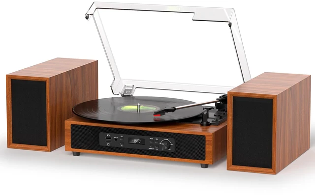 Main image of Retro Vinyl Record Player with Built-in & External Speakers, Brown 3-speed belt-drive vintage turntable USB/TF & PC recording, Bluetooth input, auto stop, RCA/AUX for flexible home listening