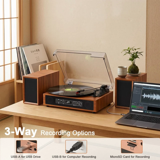 Alt view image 4 of 7 - Retro Vinyl Record Player with Built-in & External Speakers, Brown 3-speed belt-drive vintage turntable USB/TF & PC recording, Bluetooth input, auto stop, RCA/AUX for flexible home listening