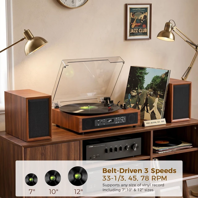 Alt view image 5 of 7 - Retro Vinyl Record Player with Built-in & External Speakers, Brown 3-speed belt-drive vintage turntable USB/TF & PC recording, Bluetooth input, auto stop, RCA/AUX for flexible home listening