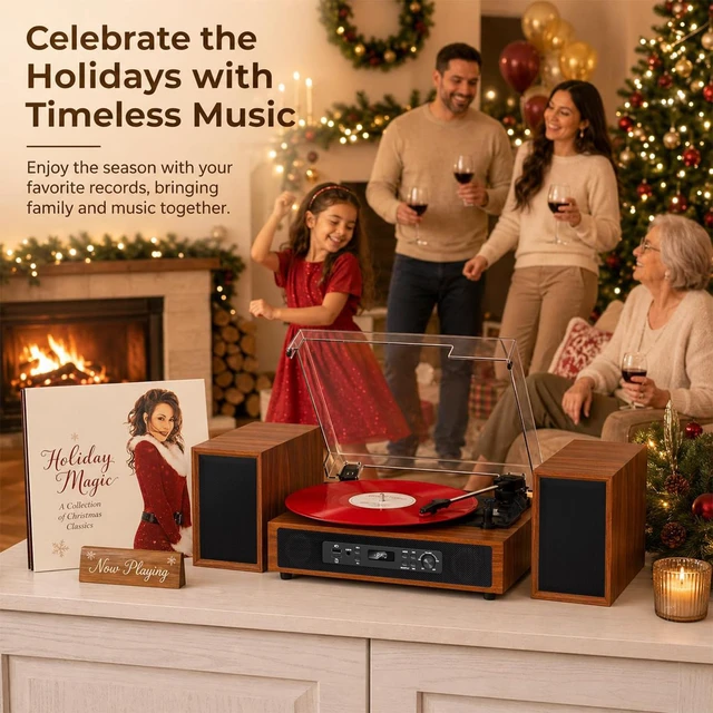 Alt view image 7 of 7 - Retro Vinyl Record Player with Built-in & External Speakers, Brown 3-speed belt-drive vintage turntable USB/TF & PC recording, Bluetooth input, auto stop, RCA/AUX for flexible home listening