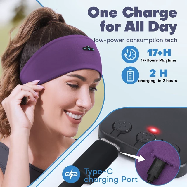 Alt view image 2 of 7 - Sleep Headphones Bluetooth Headband for Side Sleeper, 17H Playtime, Wireless Headband Headphones with HD Stereo Speakers for Workout,Running,Yoga, Ideal Gifts for Men, Women, Teens, Black + Purple