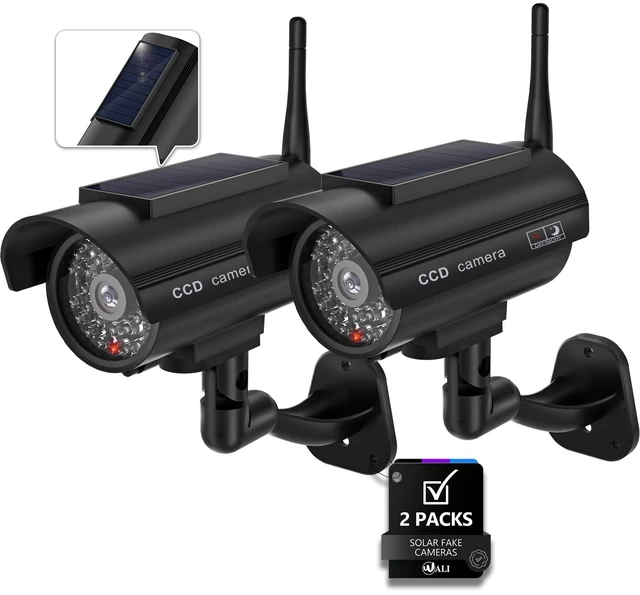 Main image of Solar Powered Fake Security Camera, Red Light & Antenna, 2 Pack, Black Dummy Cameras for Outside, Wireless Simulated Cam, Realistic Look, Solar Panel, Weatherproof, Warning Sticker Included