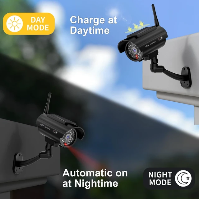 Alt view image 5 of 7 - Solar Powered Fake Security Camera, Red Light & Antenna, 2 Pack, Black Dummy Cameras for Outside, Wireless Simulated Cam, Realistic Look, Solar Panel, Weatherproof, Warning Sticker Included