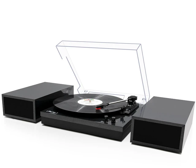 Main image of Vinyl Record Players with 2 External Speakers & Bluetooth Turntable, Black Vintage Wooden Record Player, BT Wireless, 3 Speed 33/45/78 RPM, Belt-Drive, RCA, Auto Stop for Beginner, Home Decor and Gift
