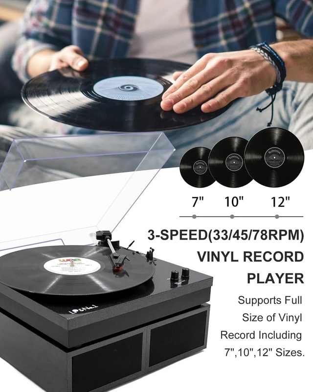 Alt view image 2 of 7 - Vinyl Record Players with 2 External Speakers & Bluetooth Turntable, Black Vintage Wooden Record Player, BT Wireless, 3 Speed 33/45/78 RPM, Belt-Drive, RCA, Auto Stop for Beginner, Home Decor and Gift