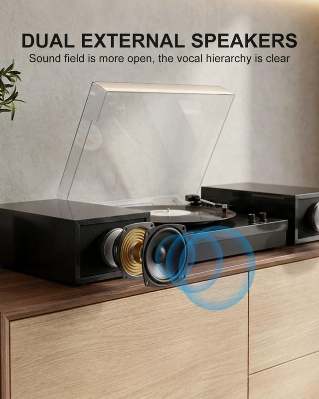 Alt view image 3 of 7 - Vinyl Record Players with 2 External Speakers & Bluetooth Turntable, Black Vintage Wooden Record Player, BT Wireless, 3 Speed 33/45/78 RPM, Belt-Drive, RCA, Auto Stop for Beginner, Home Decor and Gift