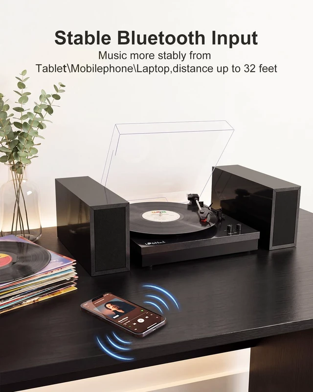 Alt view image 4 of 7 - Vinyl Record Players with 2 External Speakers & Bluetooth Turntable, Black Vintage Wooden Record Player, BT Wireless, 3 Speed 33/45/78 RPM, Belt-Drive, RCA, Auto Stop for Beginner, Home Decor and Gift