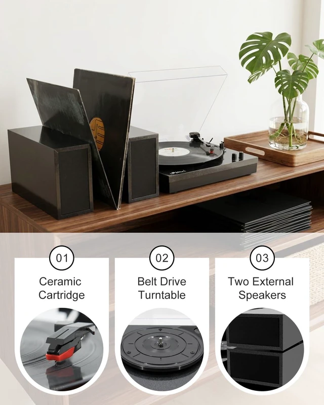 Alt view image 5 of 7 - Vinyl Record Players with 2 External Speakers & Bluetooth Turntable, Black Vintage Wooden Record Player, BT Wireless, 3 Speed 33/45/78 RPM, Belt-Drive, RCA, Auto Stop for Beginner, Home Decor and Gift