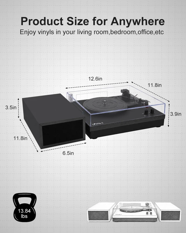 Alt view image 7 of 7 - Vinyl Record Players with 2 External Speakers & Bluetooth Turntable, Black Vintage Wooden Record Player, BT Wireless, 3 Speed 33/45/78 RPM, Belt-Drive, RCA, Auto Stop for Beginner, Home Decor and Gift