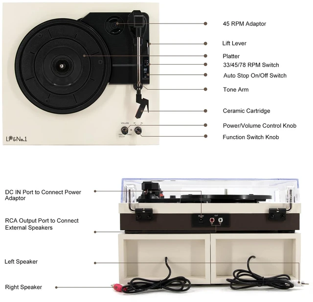 Alt view image 2 of 7 - Vinyl Record Player with Speaker & Belt-Drive Turntable Bluetooth Vintage Wood Record Players 33/45/78 Turntable & RCA Output & Auto Off for Beginner, Entertainment and Home Decor, Milk White