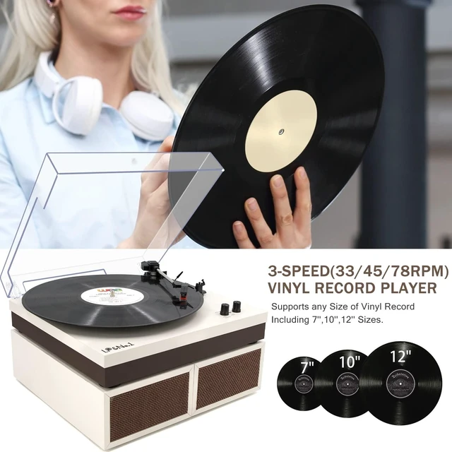 Alt view image 3 of 7 - Vinyl Record Player with Speaker & Belt-Drive Turntable Bluetooth Vintage Wood Record Players 33/45/78 Turntable & RCA Output & Auto Off for Beginner, Entertainment and Home Decor, Milk White