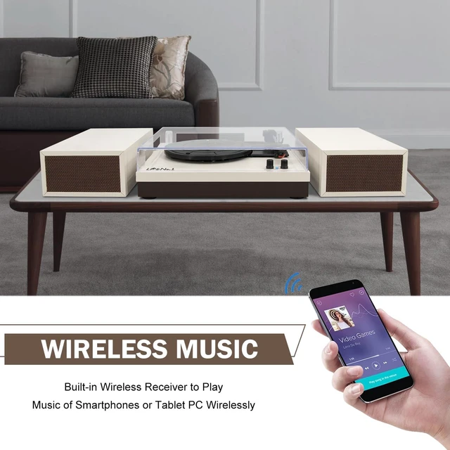 Alt view image 6 of 7 - Vinyl Record Player with Speaker & Belt-Drive Turntable Bluetooth Vintage Wood Record Players 33/45/78 Turntable & RCA Output & Auto Off for Beginner, Entertainment and Home Decor, Milk White