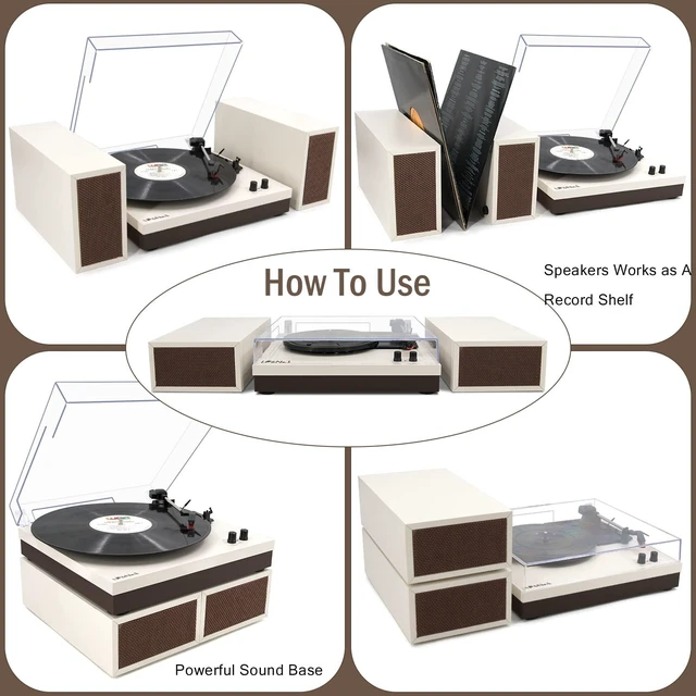 Alt view image 7 of 7 - Vinyl Record Player with Speaker & Belt-Drive Turntable Bluetooth Vintage Wood Record Players 33/45/78 Turntable & RCA Output & Auto Off for Beginner, Entertainment and Home Decor, Milk White