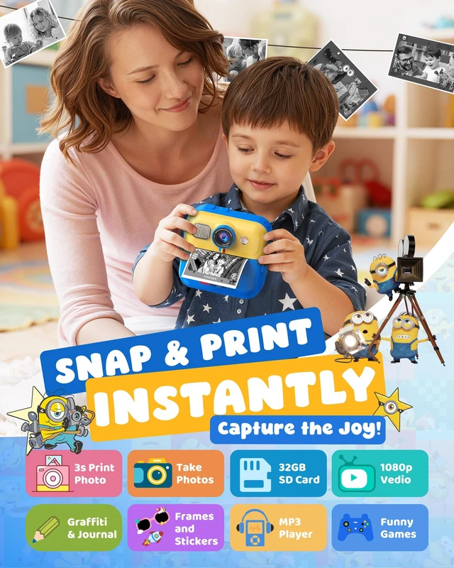 Alt view image 2 of 7 - Kids Camera Instant Print, Minions Digital Video Instant Print Camera for Kids, Selfie Toddler Cameras Christams Birthday Gifts for Boys Girls Age 3-12