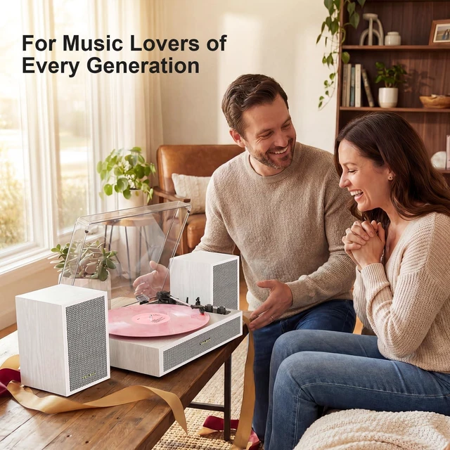 Alt view image 6 of 7 - Vinyl Record Player with External Speakers, 3 Speed Vintage Belt Drive Turntable Record Player with Stereo Speakers RCA Audio Out and Aux-in, White Wood