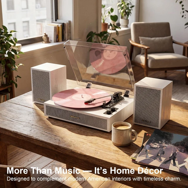 Alt view image 7 of 7 - Vinyl Record Player with External Speakers, 3 Speed Vintage Belt Drive Turntable Record Player with Stereo Speakers RCA Audio Out and Aux-in, White Wood