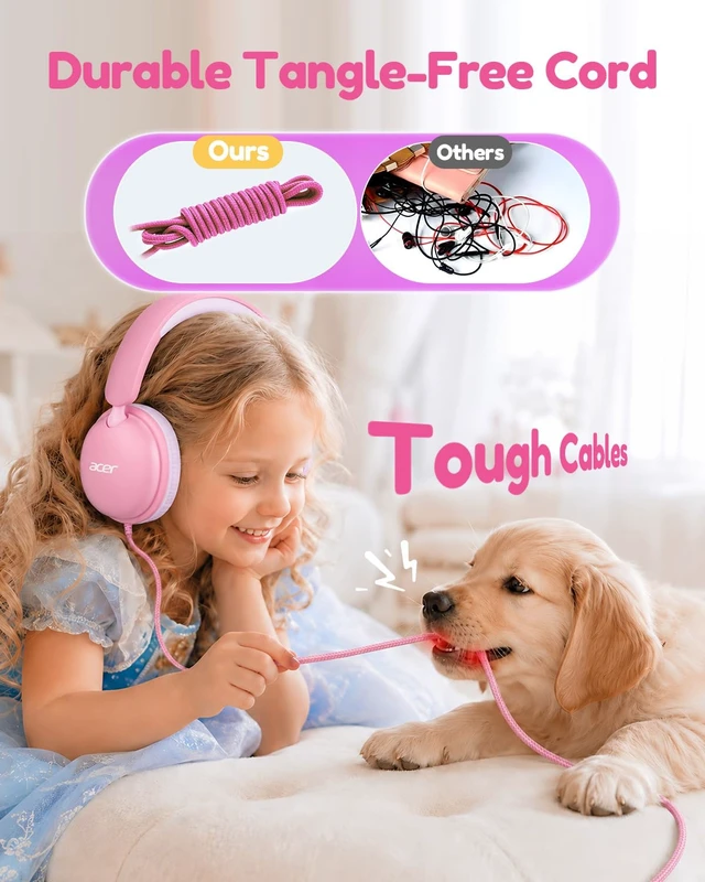 Alt view image 3 of 7 - OHW355 Kids Headphones with Cord for School,Over Ear Wired Headphones 74/85dB Volume Limit, Foldable 3.5mm Jack, Stereo Sound for Tablet/Computer/Travel/Chromebook-Pink