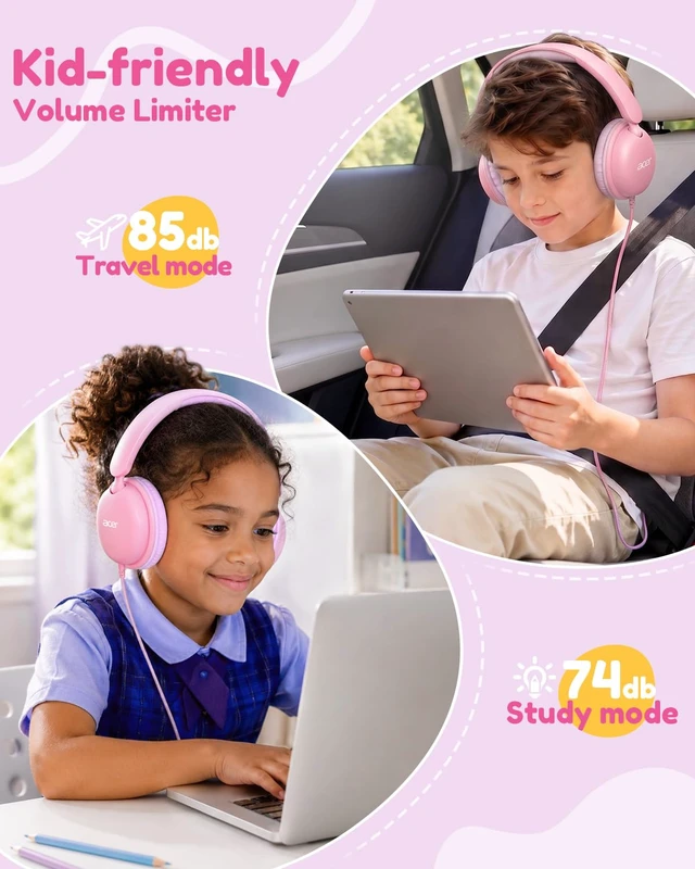 Alt view image 2 of 7 - OHW355 Kids Headphones with Cord for School,Over Ear Wired Headphones 74/85dB Volume Limit, Foldable 3.5mm Jack, Stereo Sound for Tablet/Computer/Travel/Chromebook-Pink