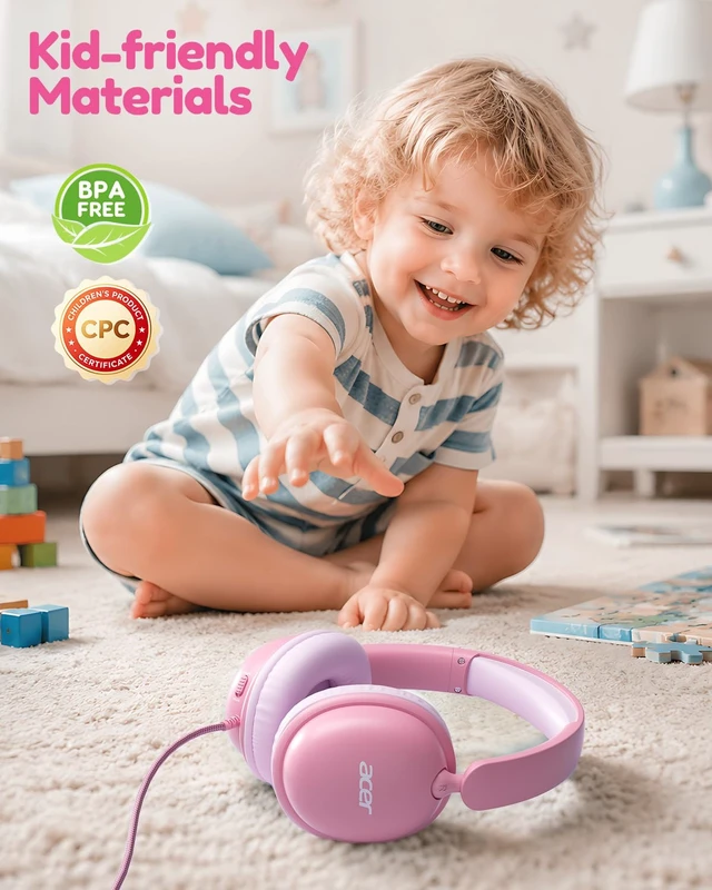 Alt view image 5 of 7 - OHW355 Kids Headphones with Cord for School,Over Ear Wired Headphones 74/85dB Volume Limit, Foldable 3.5mm Jack, Stereo Sound for Tablet/Computer/Travel/Chromebook-Pink