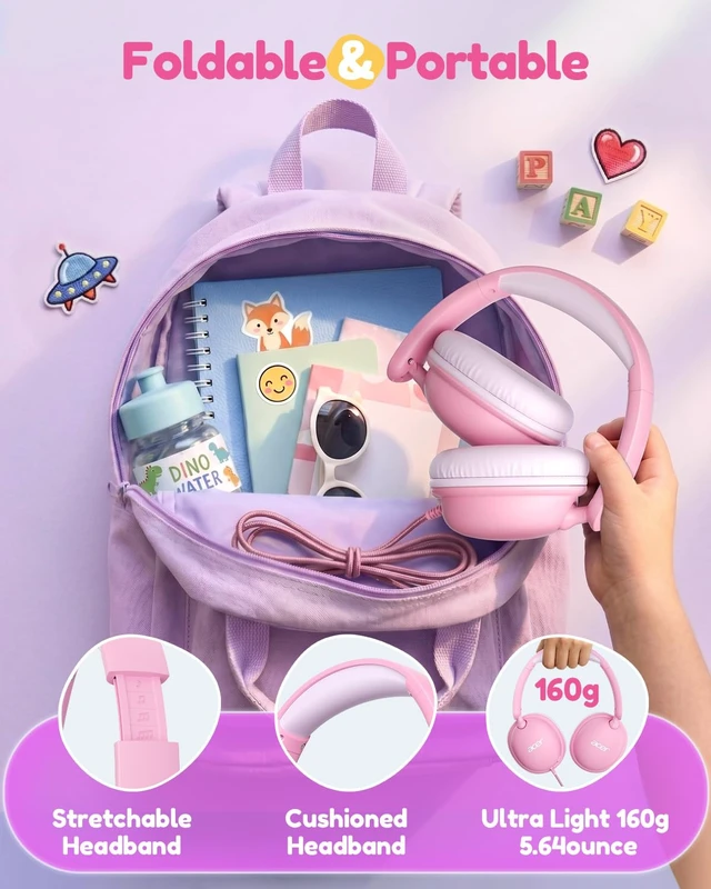 Alt view image 7 of 7 - OHW355 Kids Headphones with Cord for School,Over Ear Wired Headphones 74/85dB Volume Limit, Foldable 3.5mm Jack, Stereo Sound for Tablet/Computer/Travel/Chromebook-Pink