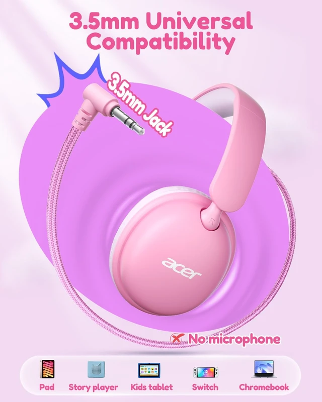 Alt view image 6 of 7 - OHW355 Kids Headphones with Cord for School,Over Ear Wired Headphones 74/85dB Volume Limit, Foldable 3.5mm Jack, Stereo Sound for Tablet/Computer/Travel/Chromebook-Pink