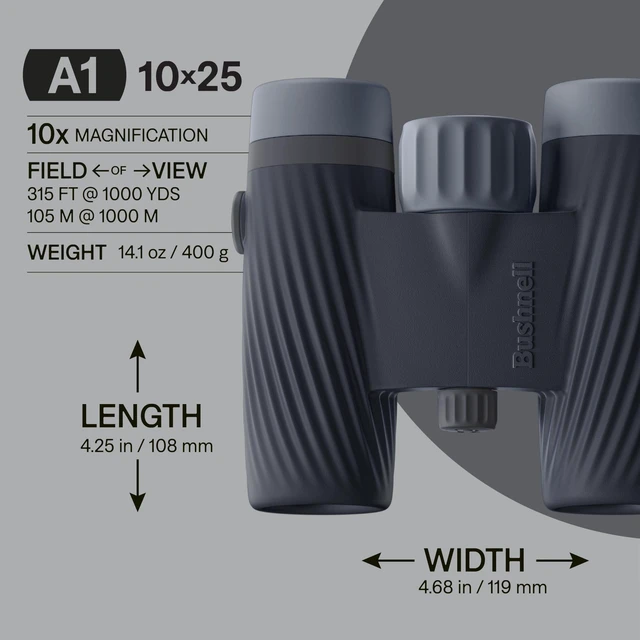 Alt view image 2 of 7 - A1 10x25 Binoculars Ebony Black Waterproof, Fogproof, 10X Magnification, Fully Multi-Coated Lenses & Rubber Armor