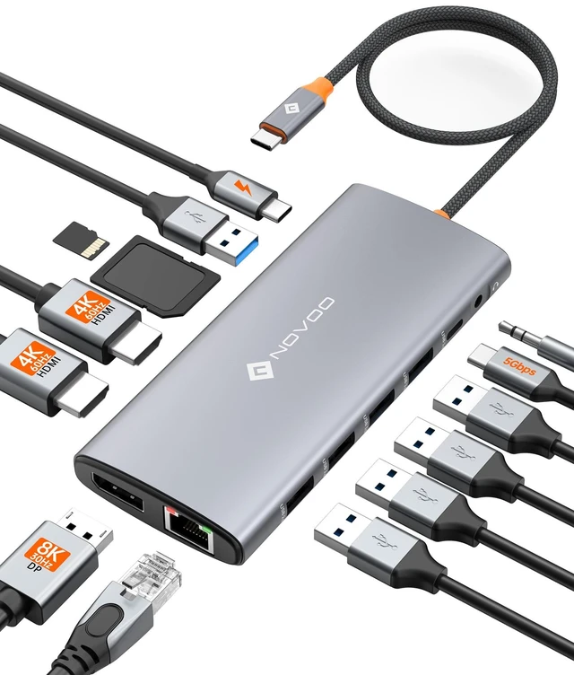 Main image of USB C 14 in 1 Docking Station Dual Monitor with 4K60 HDMI & 8K30 DP USB C Hub Adapter, Laptop Docking Station with Thunderbolt 3 to Dual 4K60 HDMI+8K30 DP USB C/A Data 100W PD RJ45 SD/TF