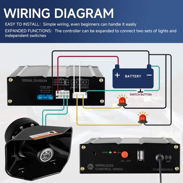 Alt view image 6 of 7 - Police Siren for Truck Car 12V PA System Kit Remote Control Wireless Wireless Remote Control, High-Power Aluminum Unit, Efficient Heat Dissipation, 21 Sound Modes, 150dB, Waterproof