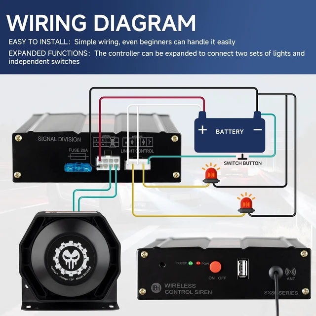 Alt view image 6 of 7 - Police Siren for Car Truck 12V Remote Control PA System Kit Wireless Wireless Remote Control, High-Power Aluminum Unit, Efficient Heat Dissipation, 21 Sound Modes, 150dB, Waterproof