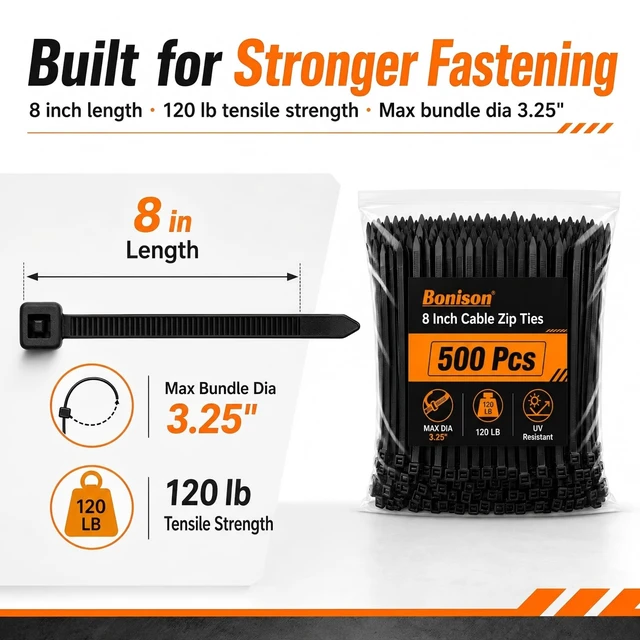 Alt view image 2 of 7 - Zip Ties Heavy Duty 8 inch, 500 Pack Black Thick Zip Ties 120lb Tensile Strength, UV Resistant Nylon Wire Tie for Industrial, Electrical, Automotive, Garden, Outdoor & Bulk Organization Use